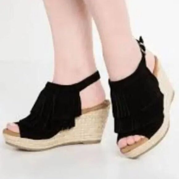Minnetonka Ashley Sue Fringe Suede Leather Espadrille Wedge Sandals - Picture 1 of 11